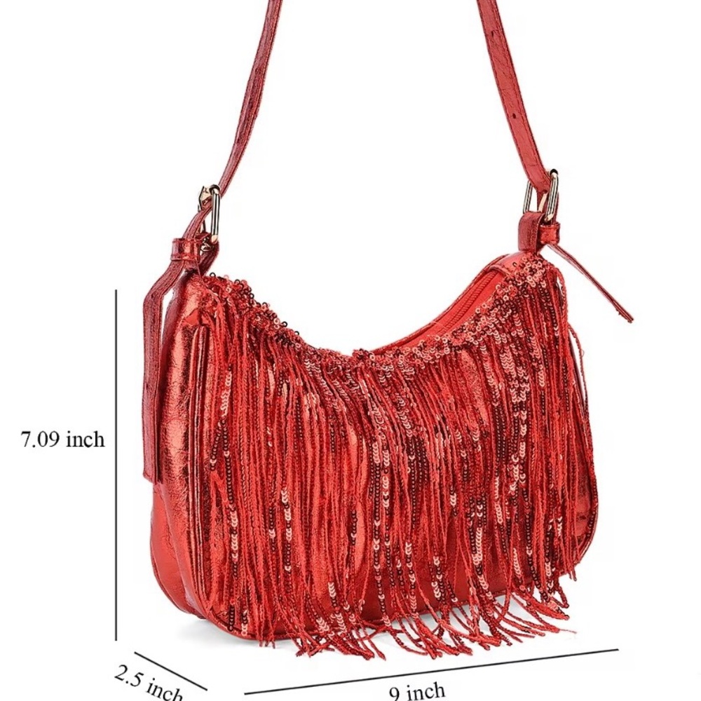 Red Sequin Fringe Shoulder Bag New - Picture 7 of 7